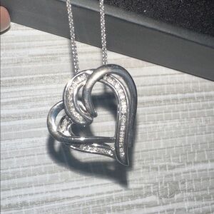 JWBR 925 sterling silver double heart diamond necklace on 18” chain, new in box